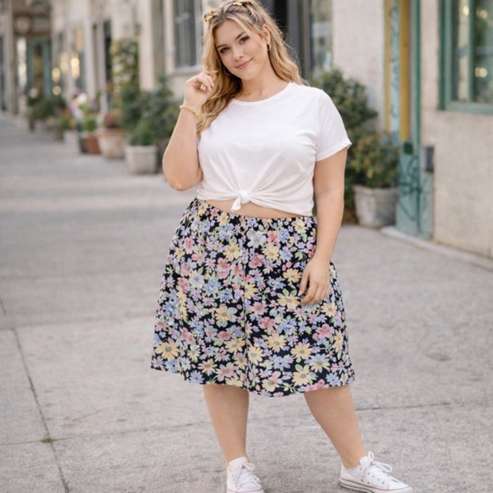 Blair Women's 2XL Black Floral Print Midi Skirt Elastic Waist Casual